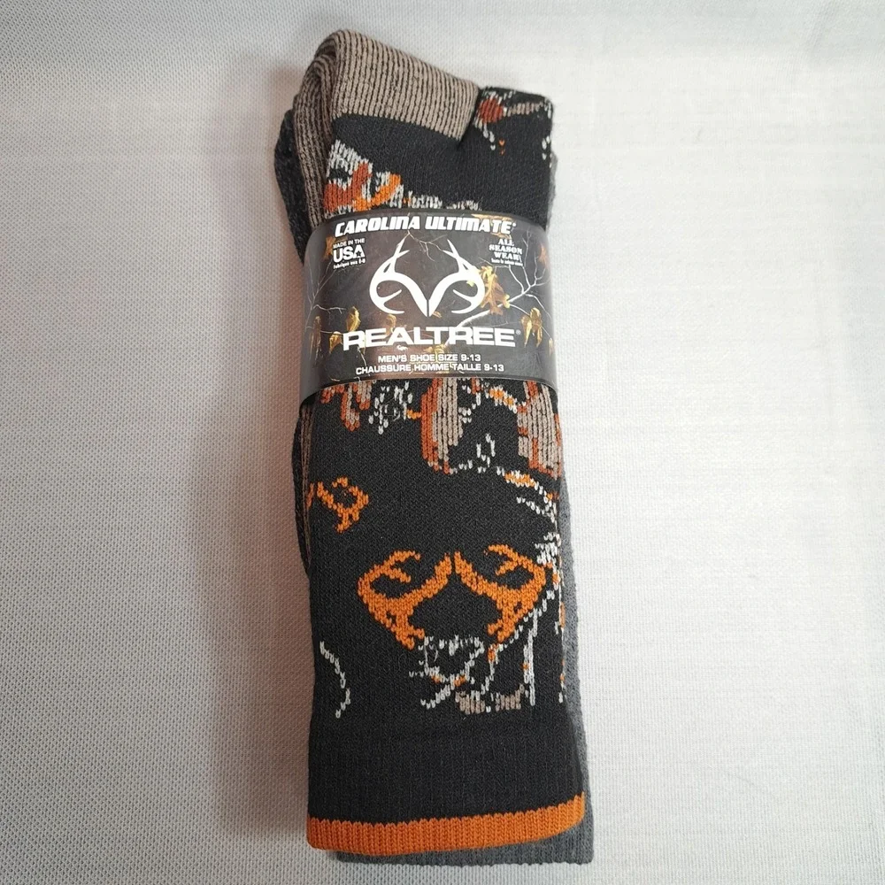 Carolina Ultimate RealTree 2 Pairs Black Camo Socks Men's Shoe 9-13 Made In‎ USA